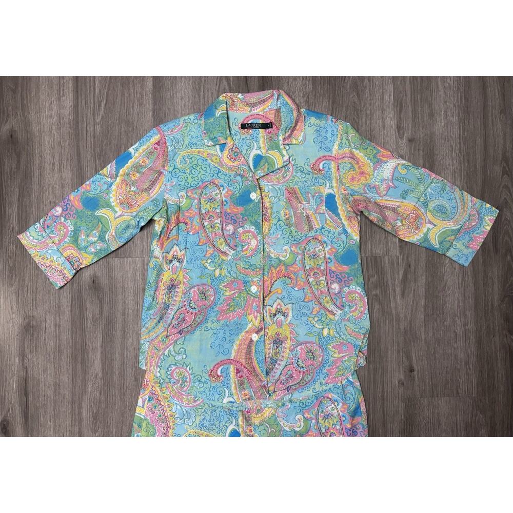 Lauren Ralph Lauren Paisley Womens Pajama Set Sz M Capri Button Up Cotton - Picture 2 of 13